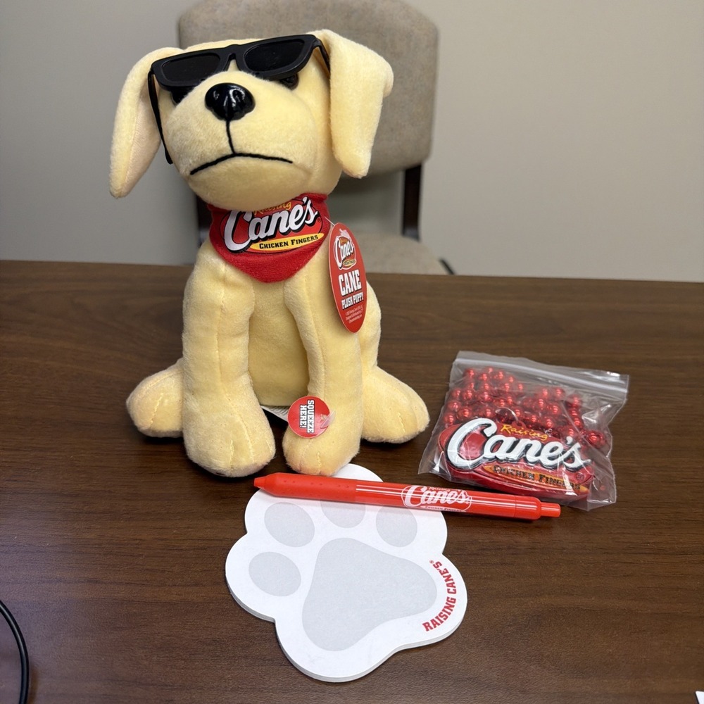 Raising Cane's Plush Dog Cane Mascot + Swag Lot Beads Pen Notepad Promo Set